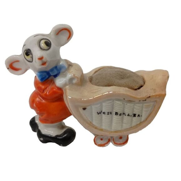 Vintage Ceramic Lusterware Mouse Pushing Cart Figurine Pin Cushion Made In Japan - Picture 1 of 11